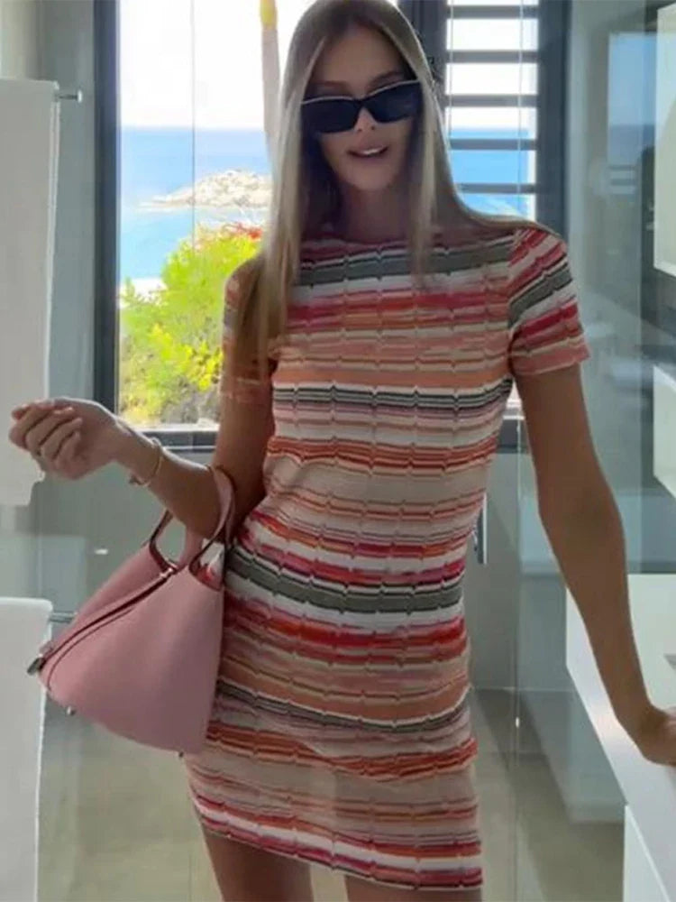 Rainbow Stripe Fringe Halter Beach Mini Dress