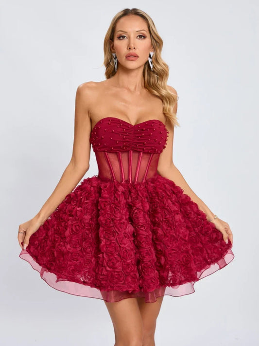 Red Mesh 3d Floral Frill Beaded Strapless Mini Dress