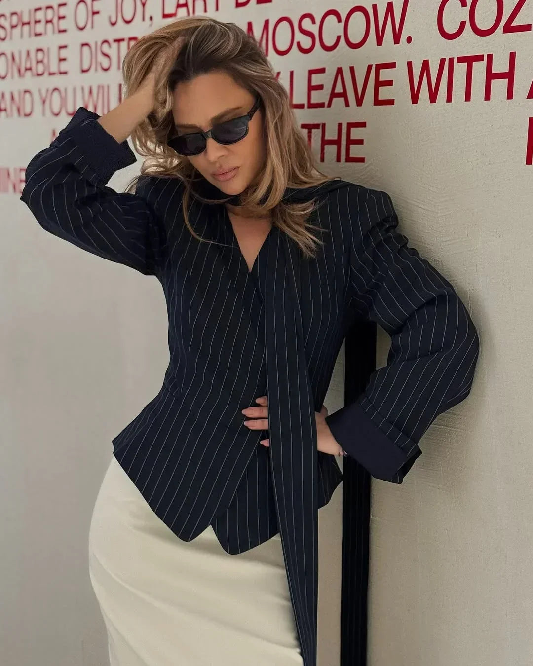 Stripe Tailored Coat With Scarf Top
