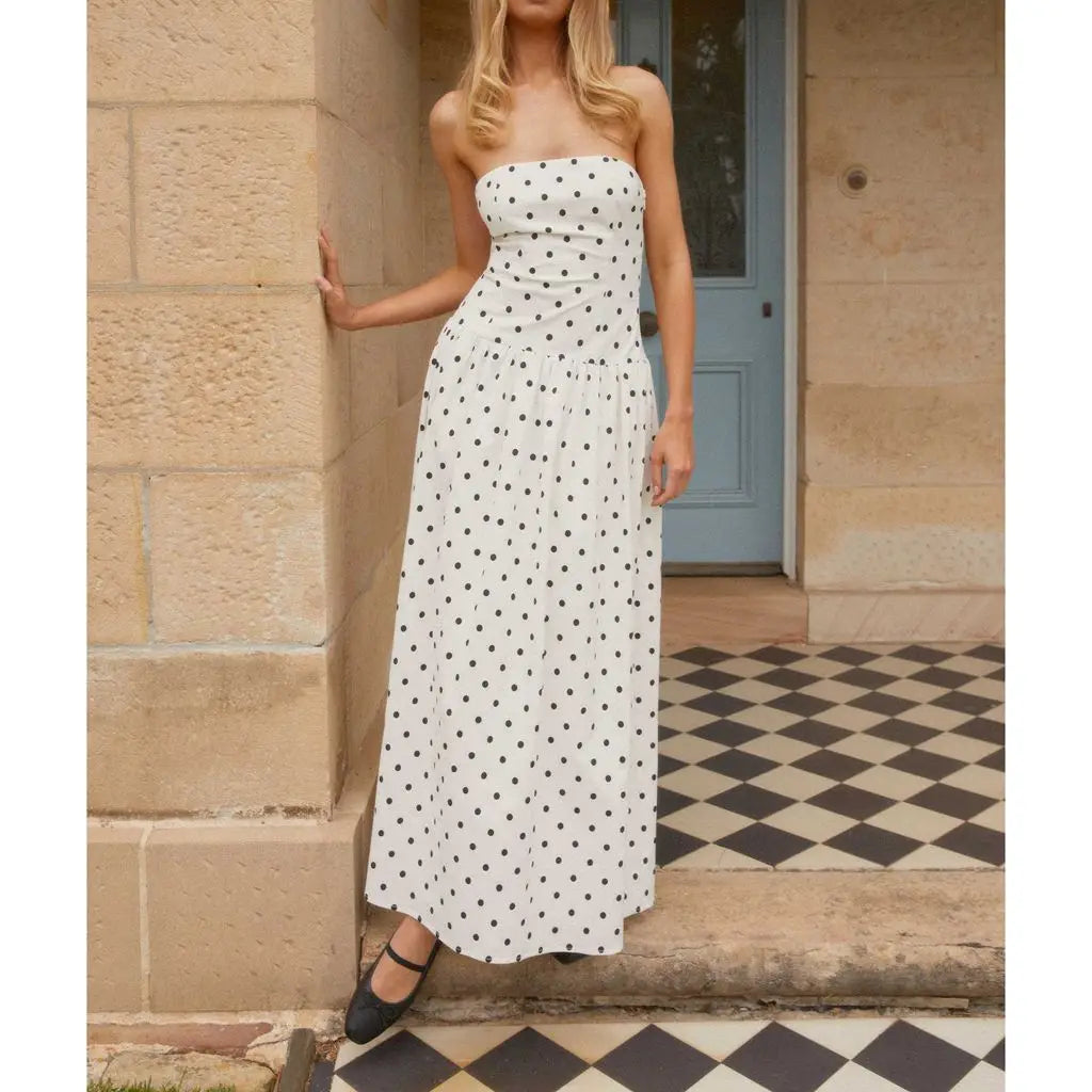 Strapless Dot/Floral Print Pleated Tube Long Dress - A-Line Fit