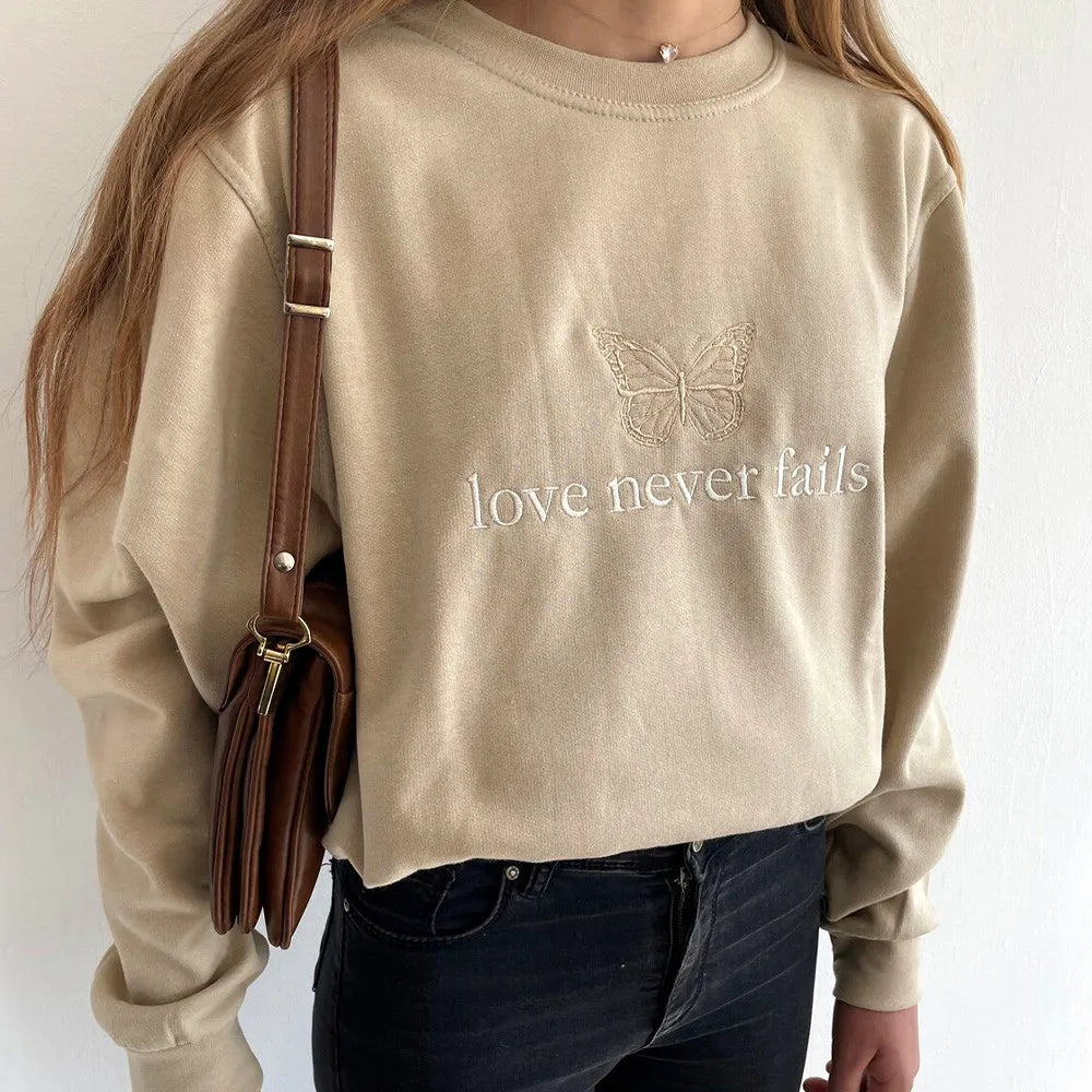 Love Never Fails Butterfly Embroidered Khaki Crewneck Sweatshirt