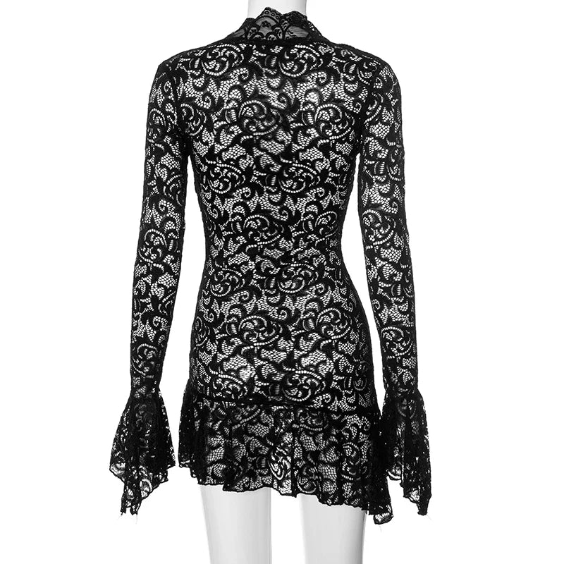 Lace Ruffles Long Sleeve Mini Dress