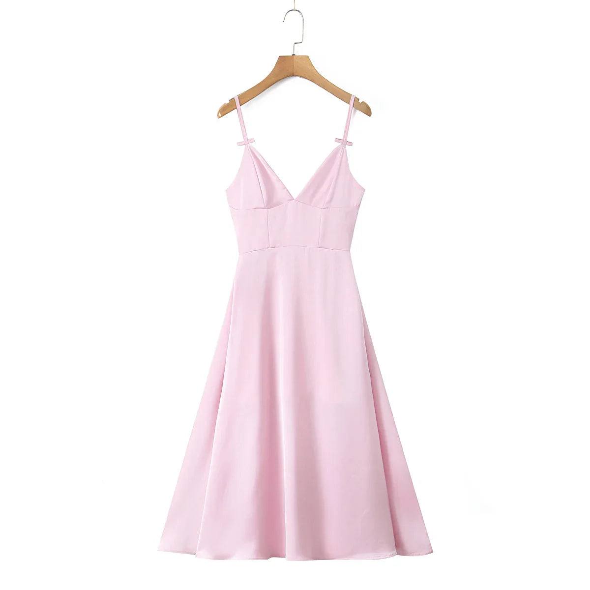 Pink Satin V-neck Bow Strap Flare Midi Dress