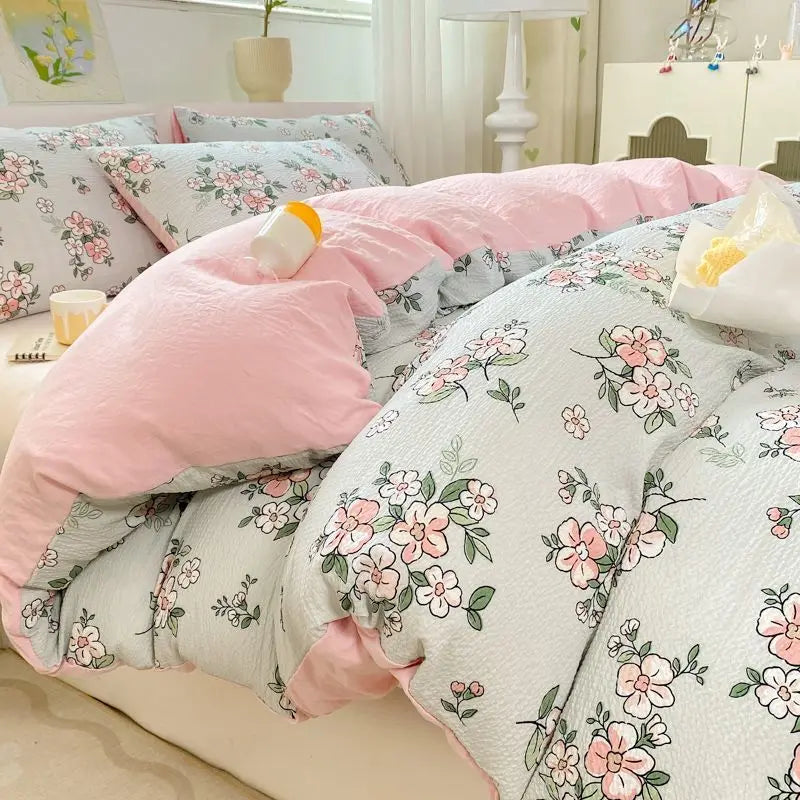 Romantic Floral Duvet Cover Set No Filler Soft Seersucker King Single Szie Pillowcases Flat Sheet Home Decoration Bed Linens