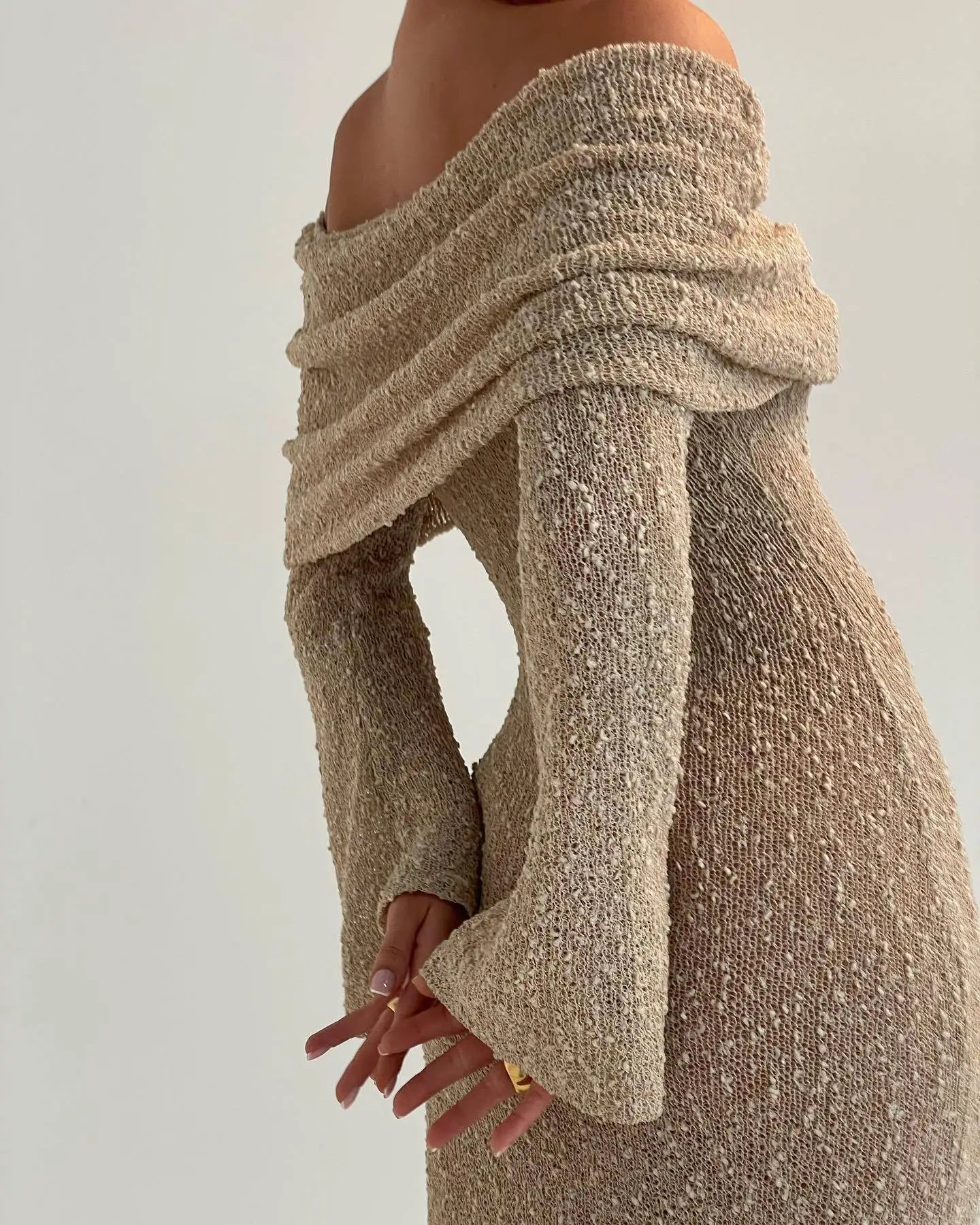 Knit Off-Shoulder Long Sleeve Maxi Dress