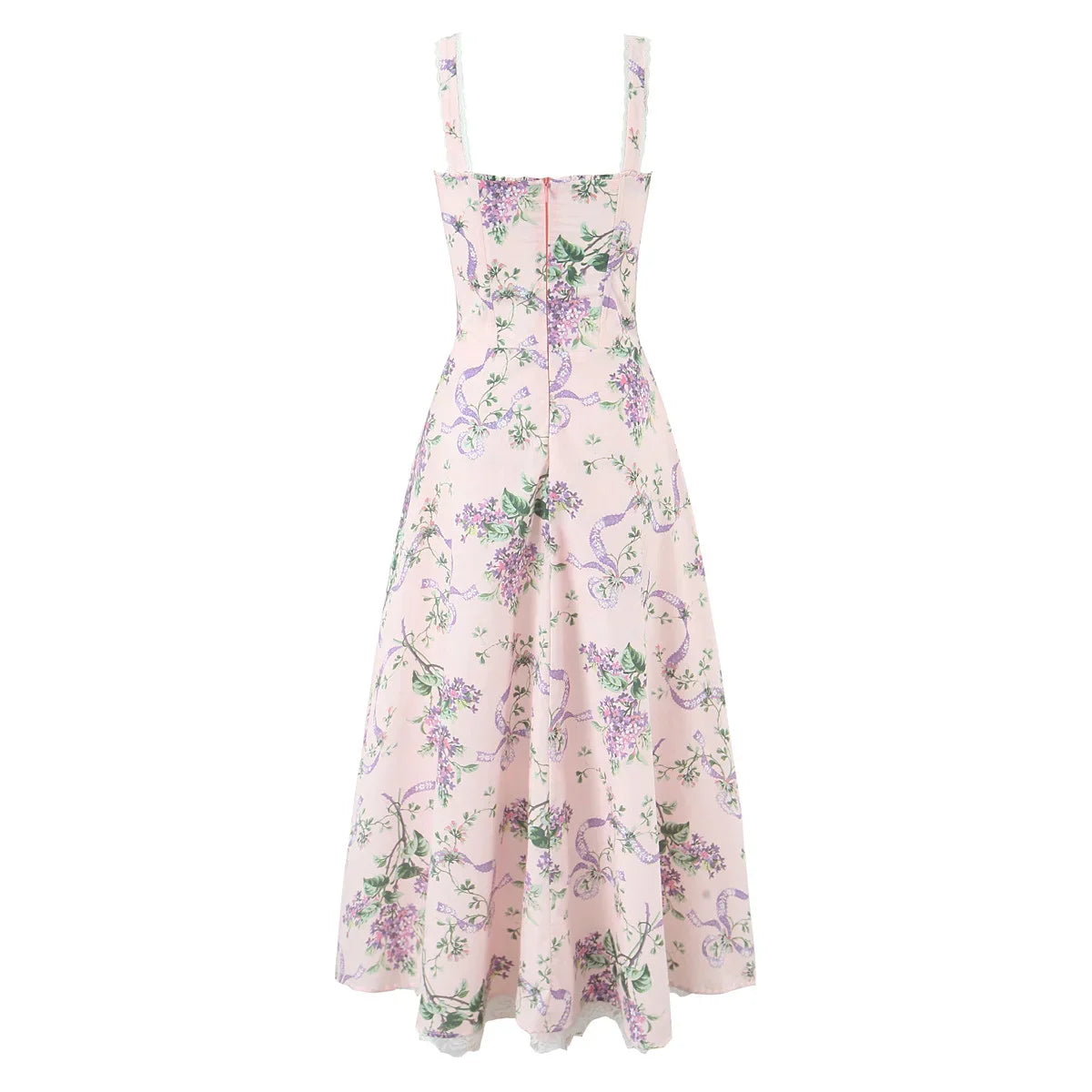 Pink Floral Print Bow Ruched Midi Dress