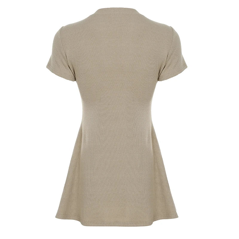 Knitted Short Sleeve Button A-Line Mini Dress