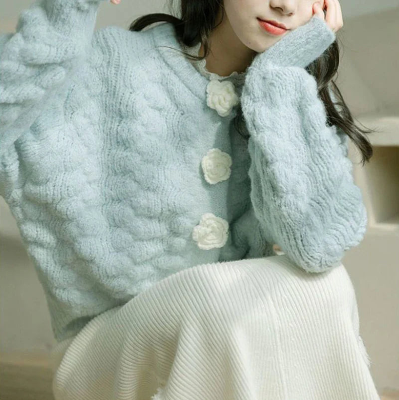 Blue Knitted Rose Buttoned Cardigan
