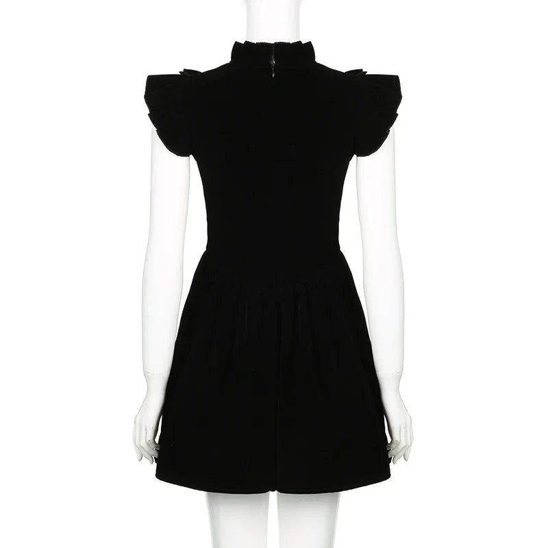 Ruffle Sleeve High Neck Velvet Black Mini Dress