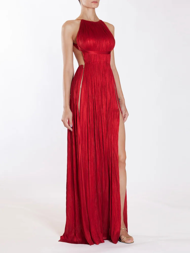 Red Pleated Halter Open Back Maxi Dress