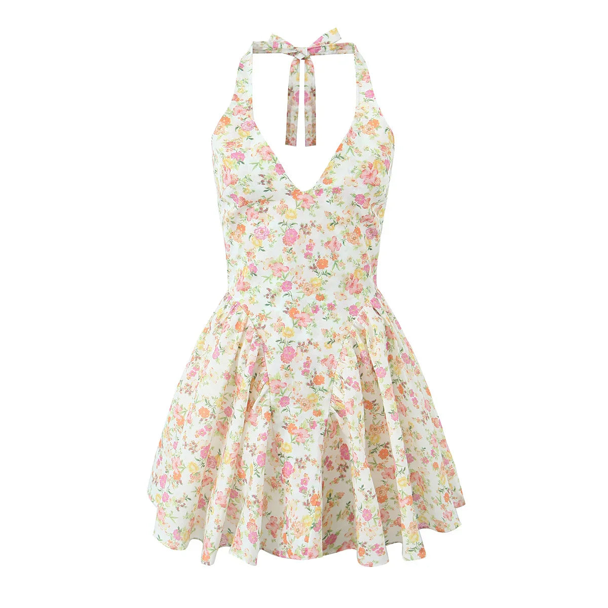 Floral Print Deep Halter Neck Mini Dress