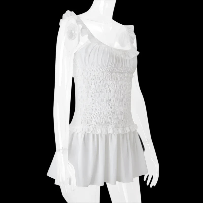 White Elastic Ruched Mini Dress