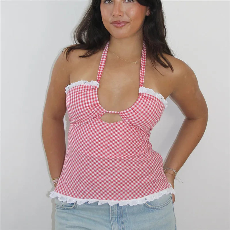 Plaid Halter Lace Trim Top