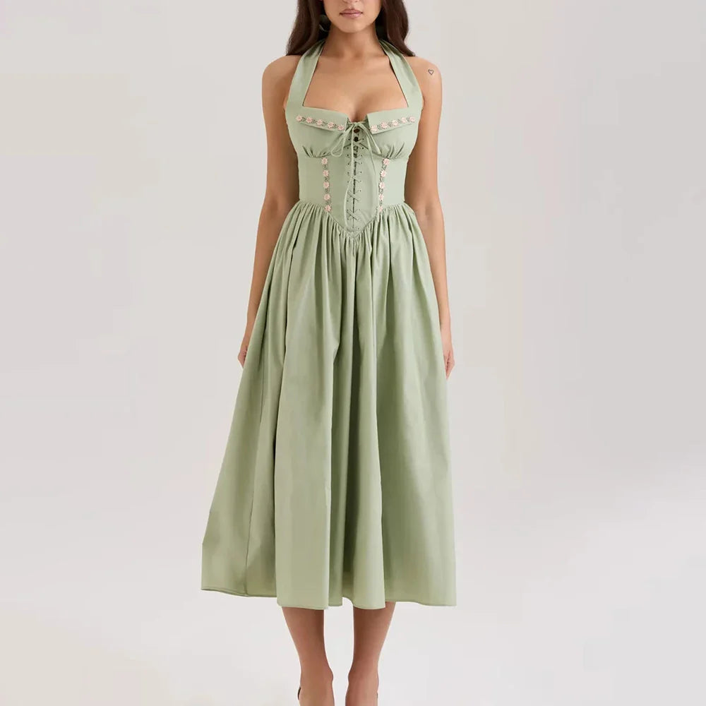 Green Embroidered Halter Midi Dress - A-Line Fit