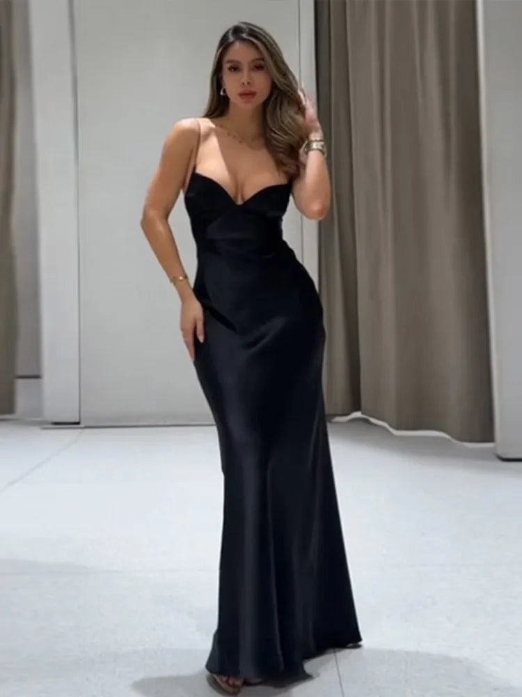 Satin Solid V-neck Strap Maxi Dress