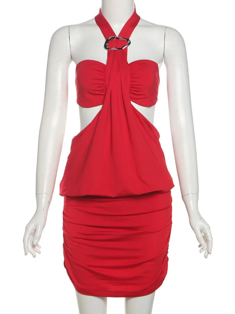 High Neck Bandeau Cut Out Puff Mini Dress