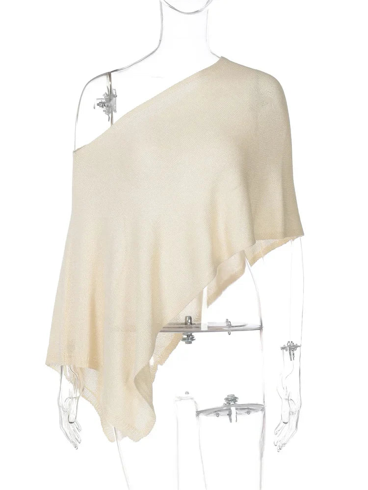 Knit See-Through Off-Shoulder Knit Poncho Top