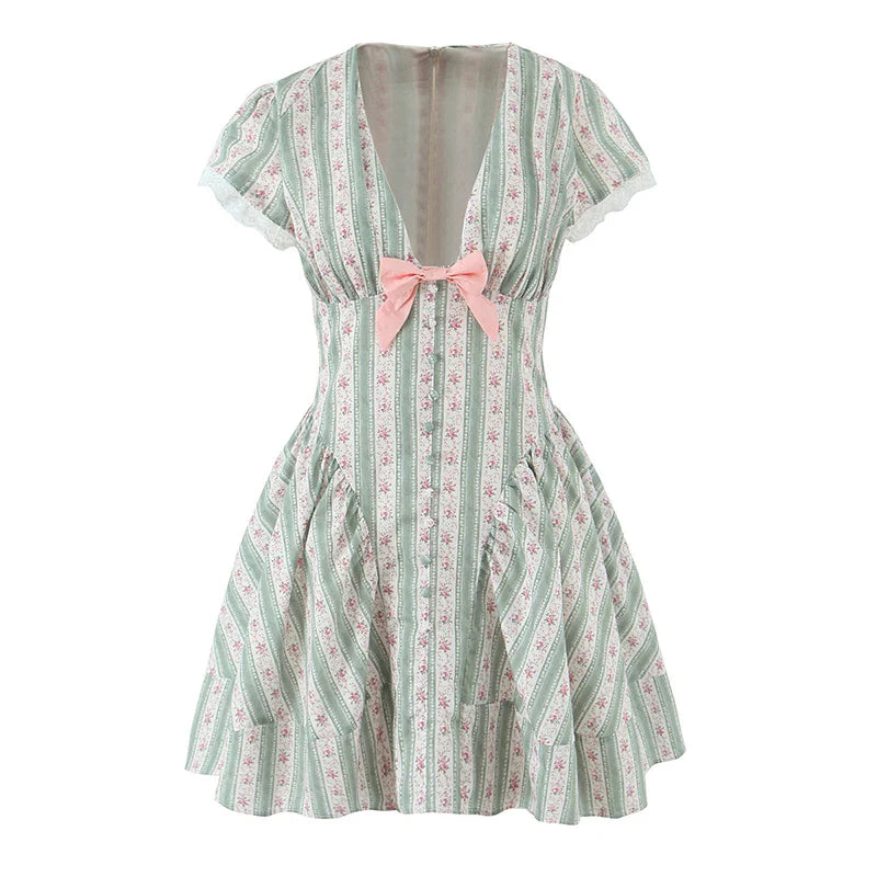 Green Striped Floral Print Short Sleeve Mini Dress