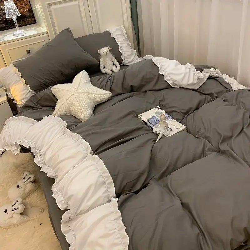 Princess Style Bedding Set No Filling Korean Romantic Ruffles Blue Purple Single Double Queen Size Duvet Cover Sheet Pillowcase