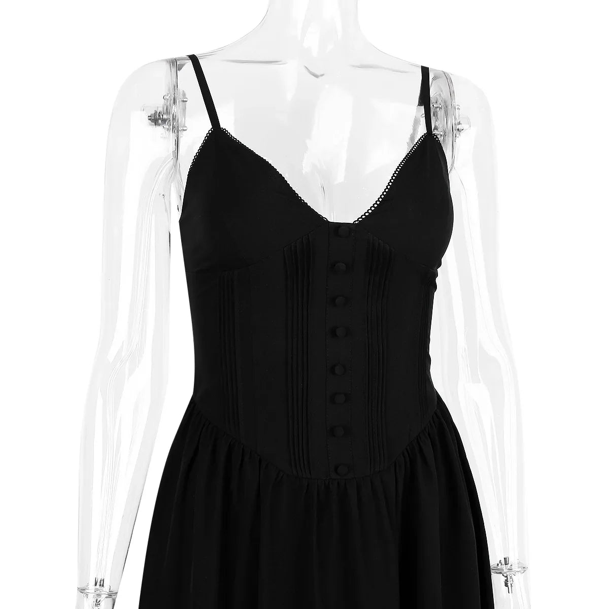 Black Buttoned  V-Neck Spaghetti Strap Maxi Dress
