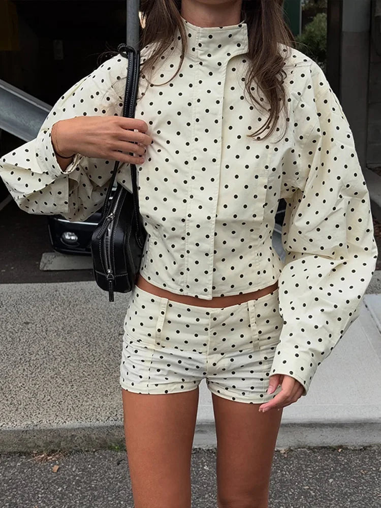 White Polka Dot Zipper Jacket And Shorts Set