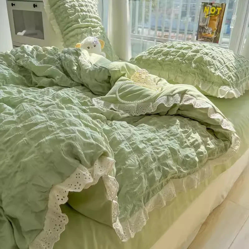 Korean Seersucker Ruffle Bedding Set For Women Princess Style Bedroom Bed Sheet Set Queen Washed Cotton Solid Color Bed Linen