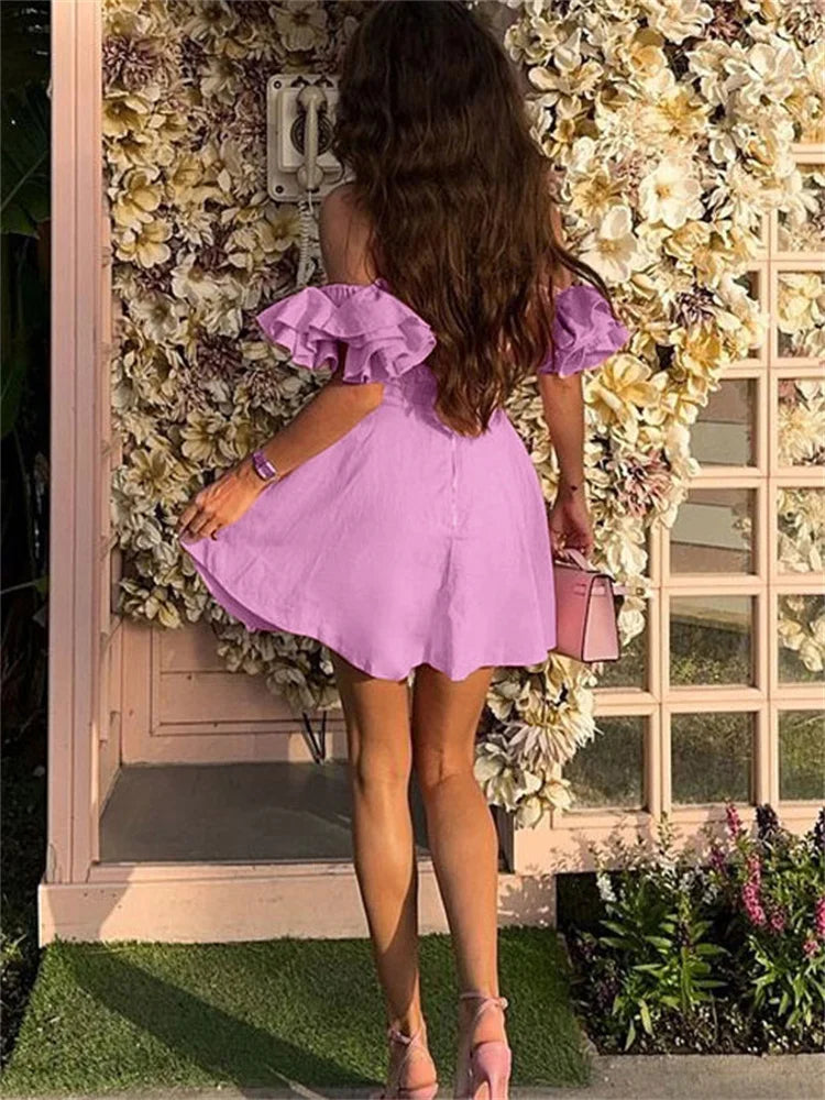 Pink Off-shoulder Frill Strap Mini Dress
