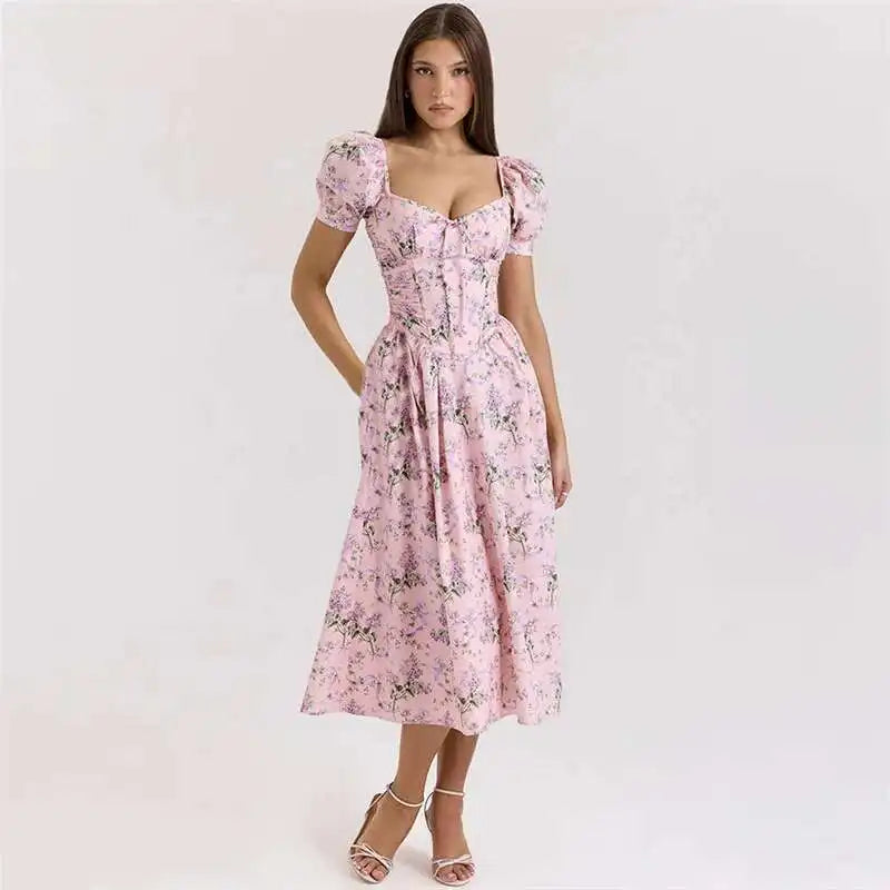 Pink Puff Sleeve Floral Print Midi Dress
