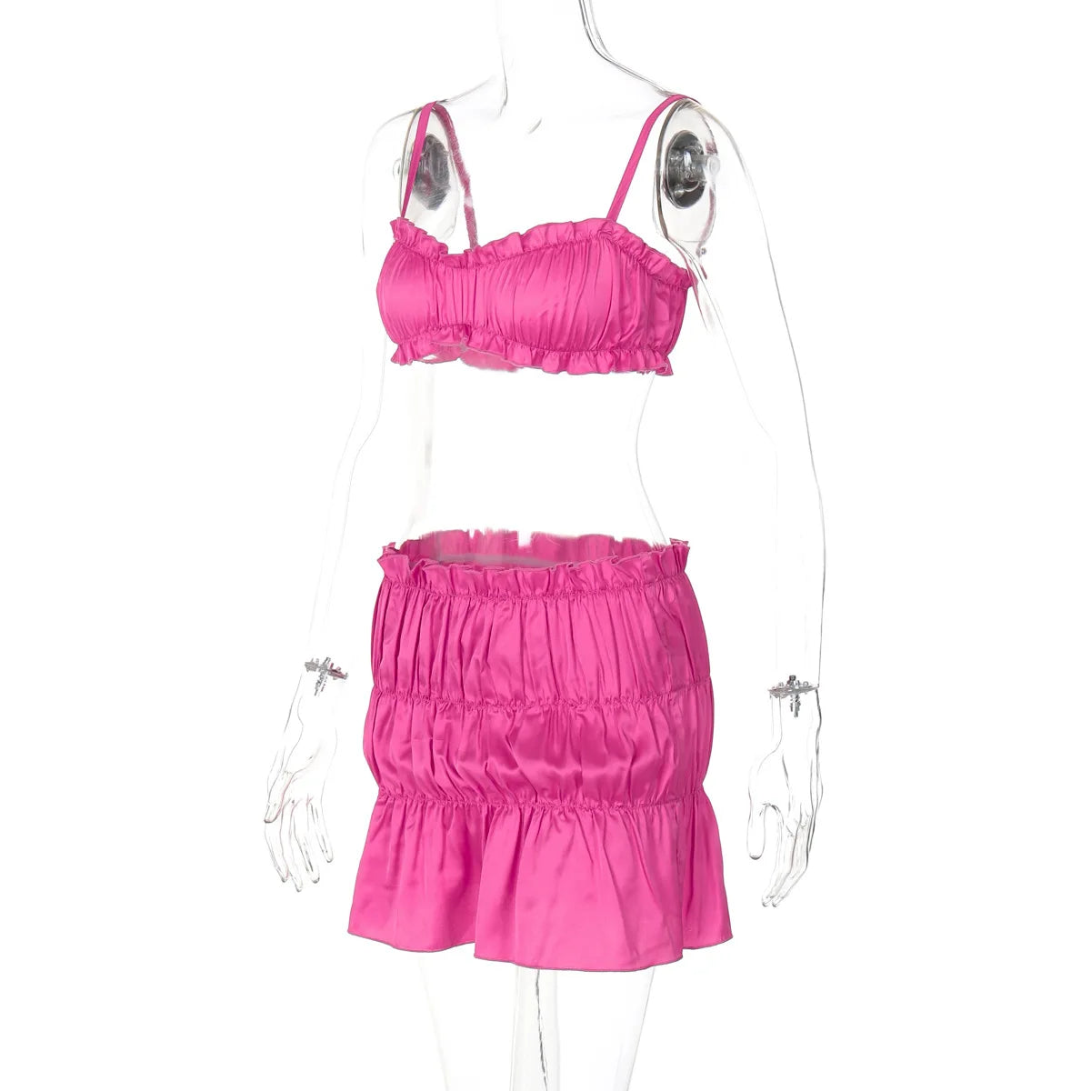 Ruched Satin Bralette And Mini Skirt Set