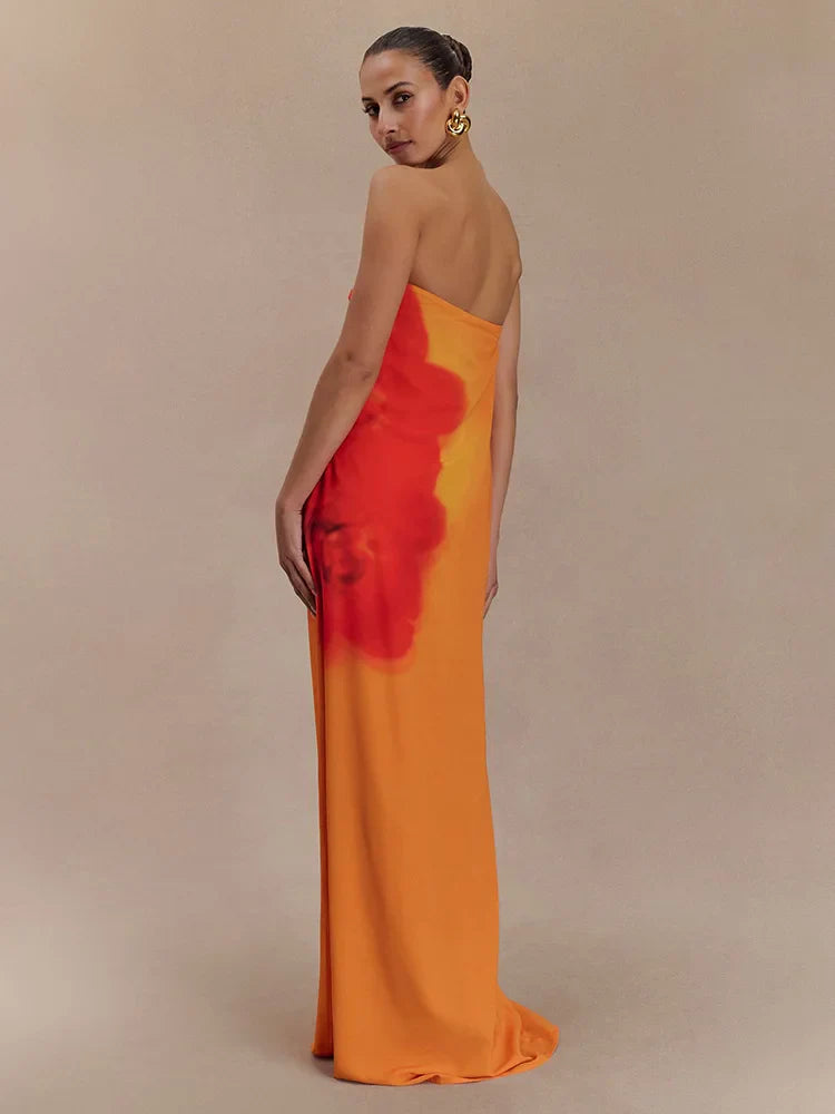 Orchid Floral Print Strapless Straight Maxi Dress