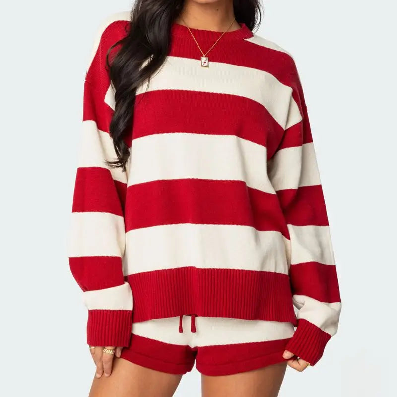 Knitwear Striped Long Sleeve Pullover And Drawstring Shorts