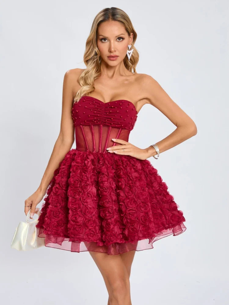 Red Mesh 3d Floral Frill Beaded Strapless Mini Dress