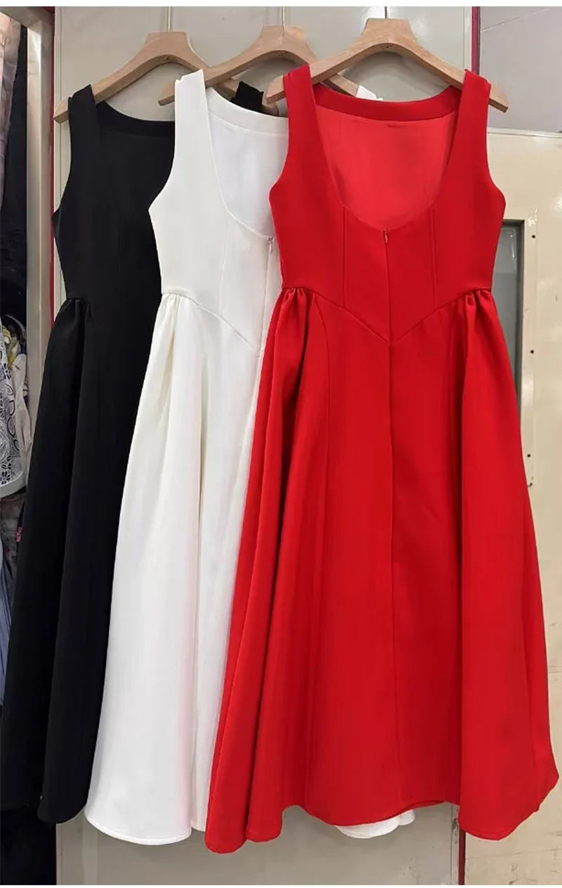 Solid Round Neck Waist A-line Sleeveless Midi Dress