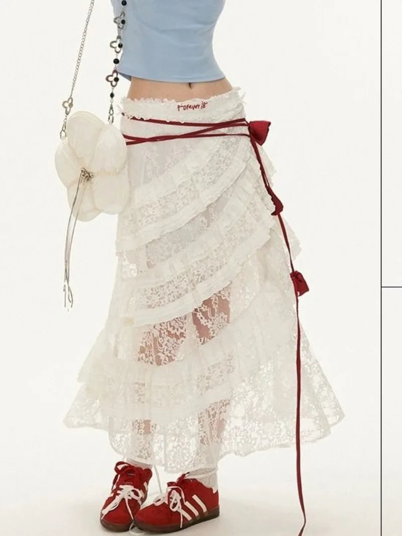 White Lace Layer Tulle Midi Skirt