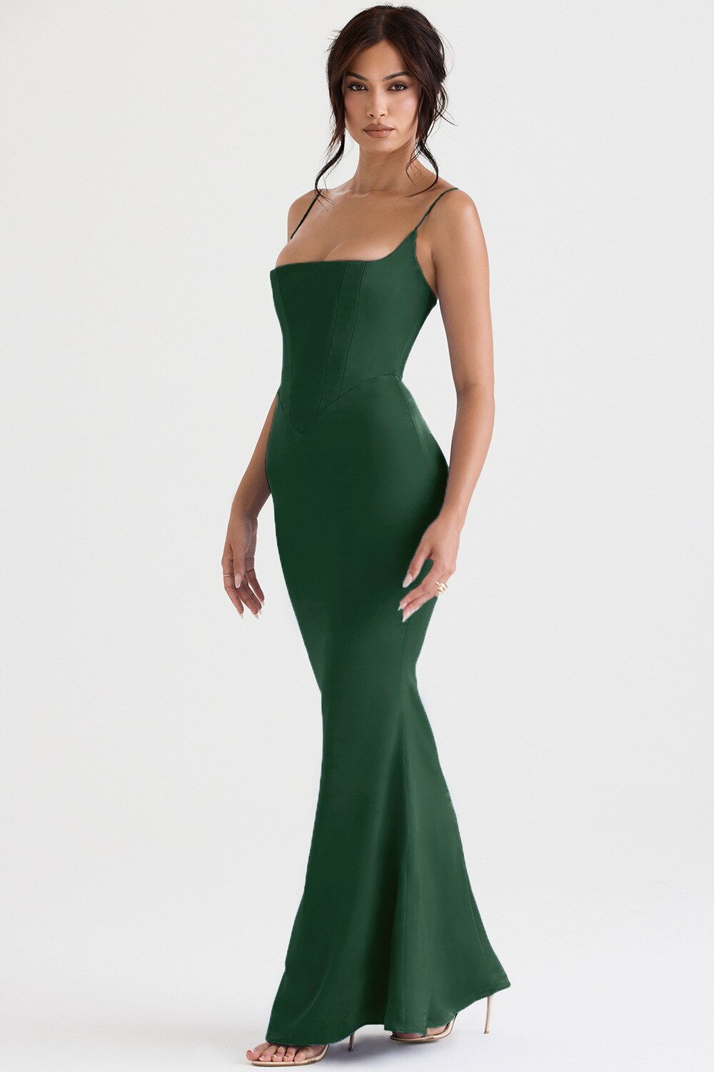 Green Satin Strappy Corset Maxi Dress