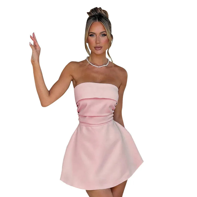 Strapless Ruched Back Tie Up Mini Dress