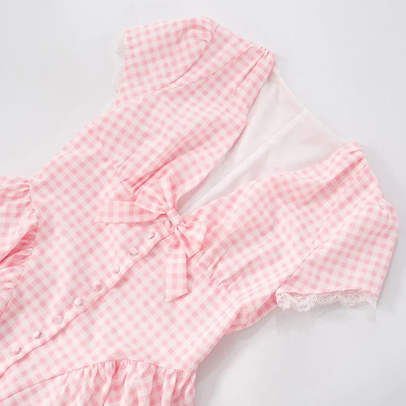 Plaid Print Puff Sleeve V-Neck Bow Flare Mini Dress