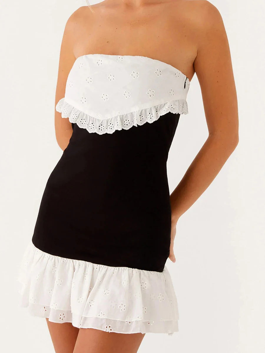 Black Strapless Patchwork Ruffle Hem Mini Dress - A-Line Fit