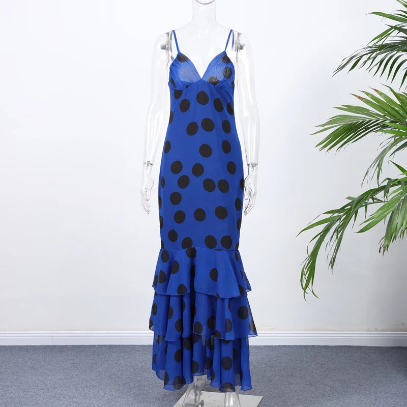 Spaghetti Straps Print Polka Dot Maxi Dress