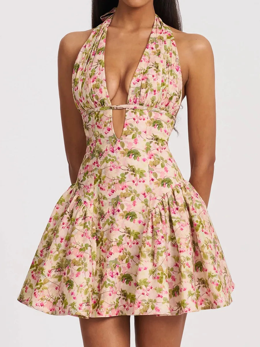 Floral Deep Halter Neck Mini Dress
