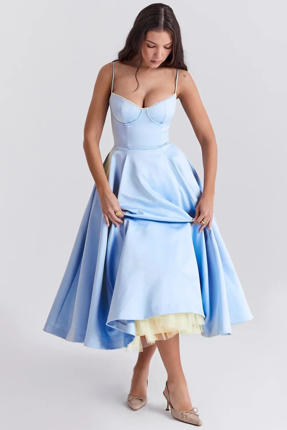 Satin Bustier Strap Tulle Midi Dress