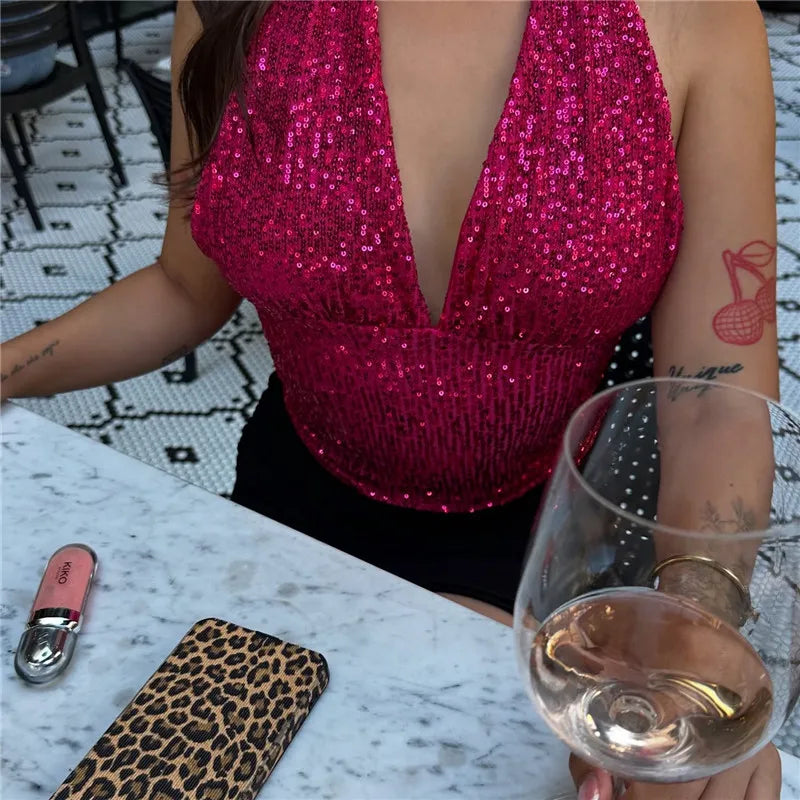 Sequin Halter Tie Up Crop Top