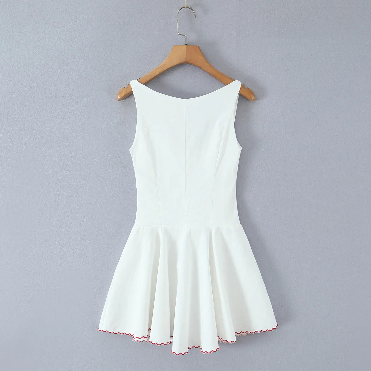 White Embroidery Red Flower Lapel V neck Mini Dress