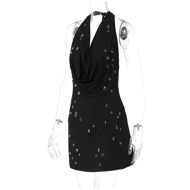 Cowl Neck Halter Water Drop Bead Mini Dress
