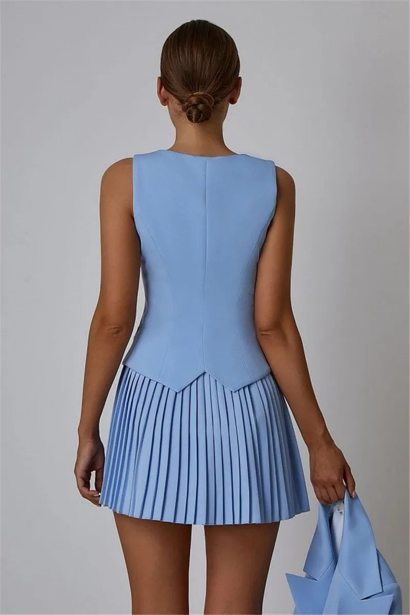 Solid V-neck Vest And Pleated Mini Skirt Set