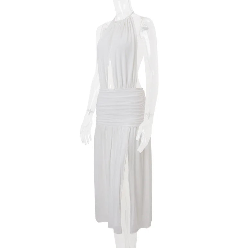 Deep Open Back Sheer Halter Maxi Dress
