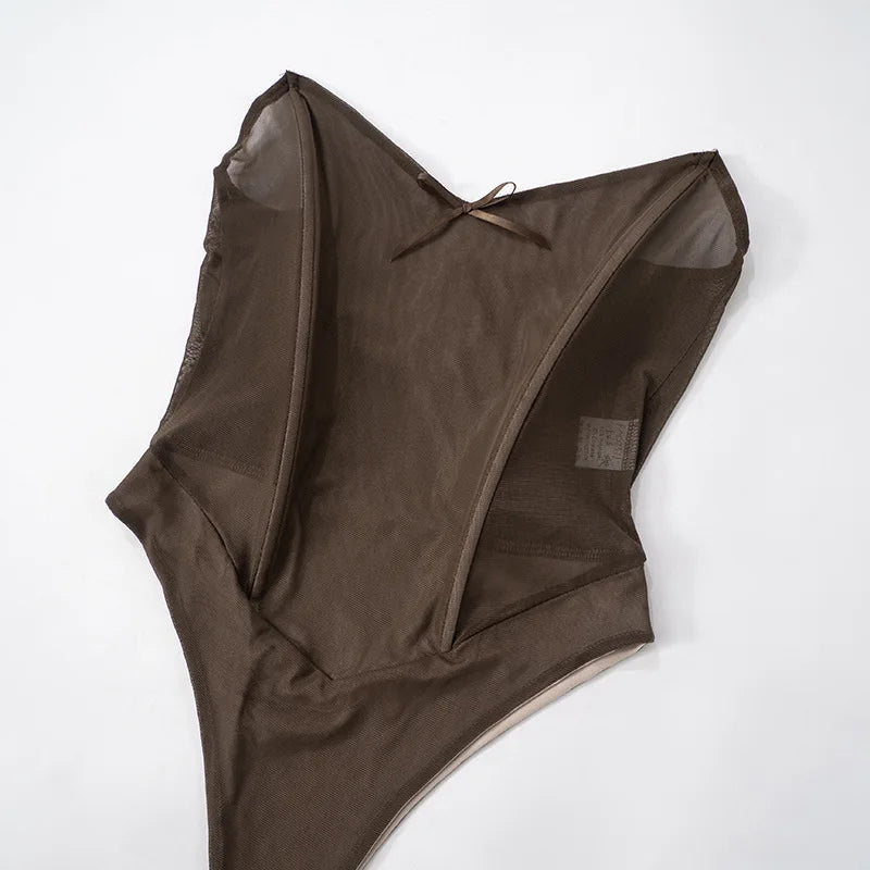 Brown Mesh Corset Bodysuit And Maxi Skirt Set