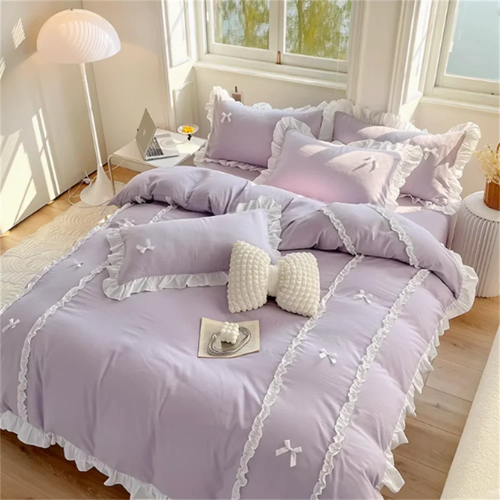 Korean Version Princess Style Four Piece Set of Cotton and Pure Cotton Butterfly Knot Duvet Cover Set Dormitory Bed Sheet