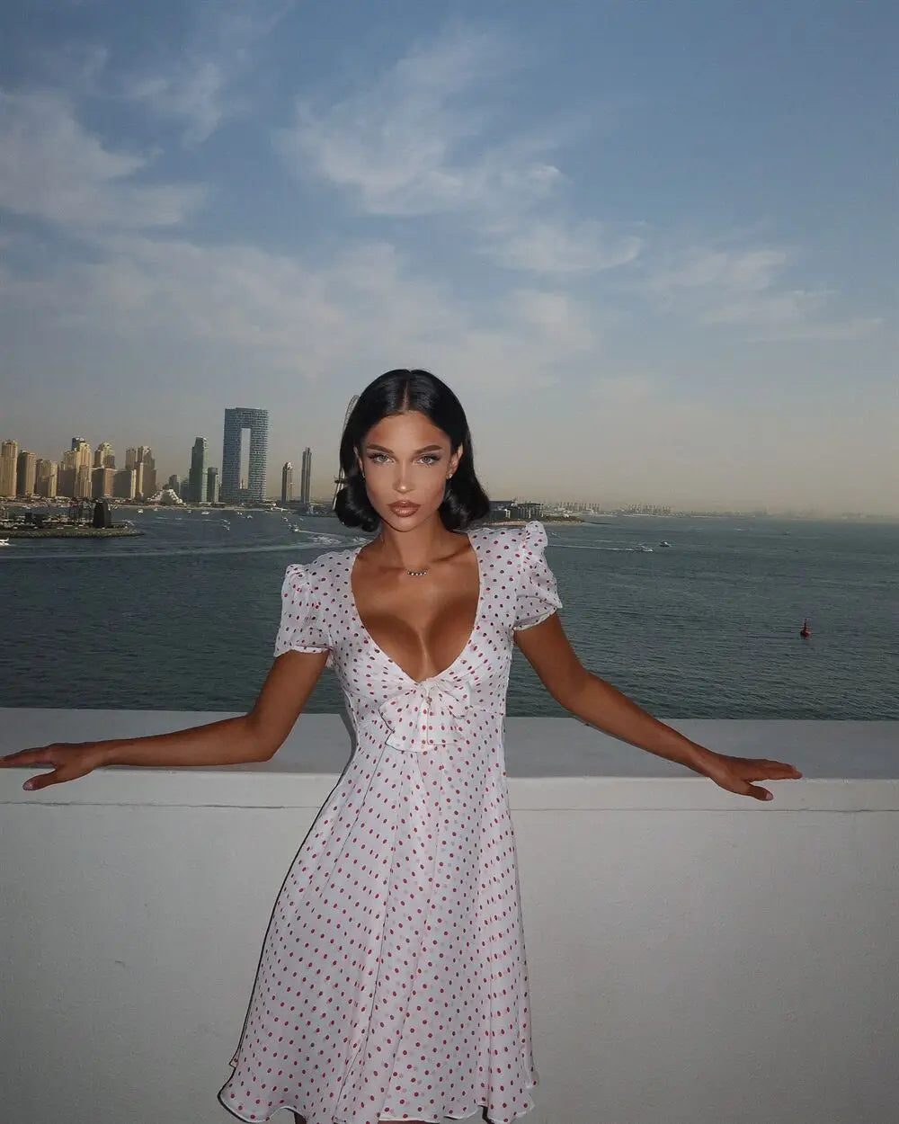 Short Sleeve Tie Up Polka Dot A-Line Mini Dress