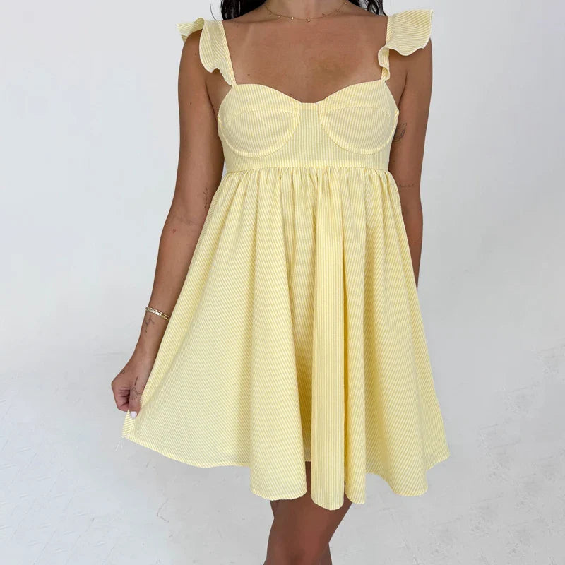 Floral/Solid Frill Strap Flowy Mini Dress